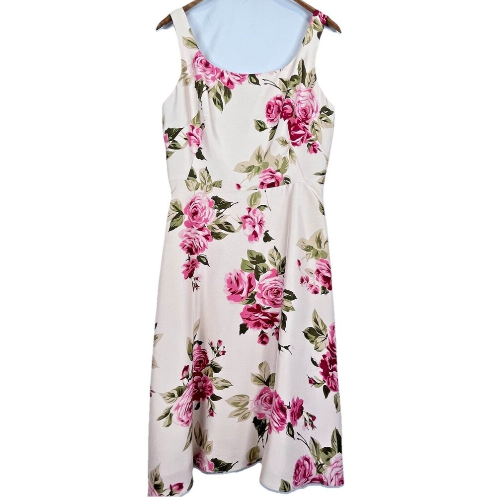 Donna Ricco 100% Silk Floral Dress Size 8 Pink Roses Fit Flare - Picture 2 of 16